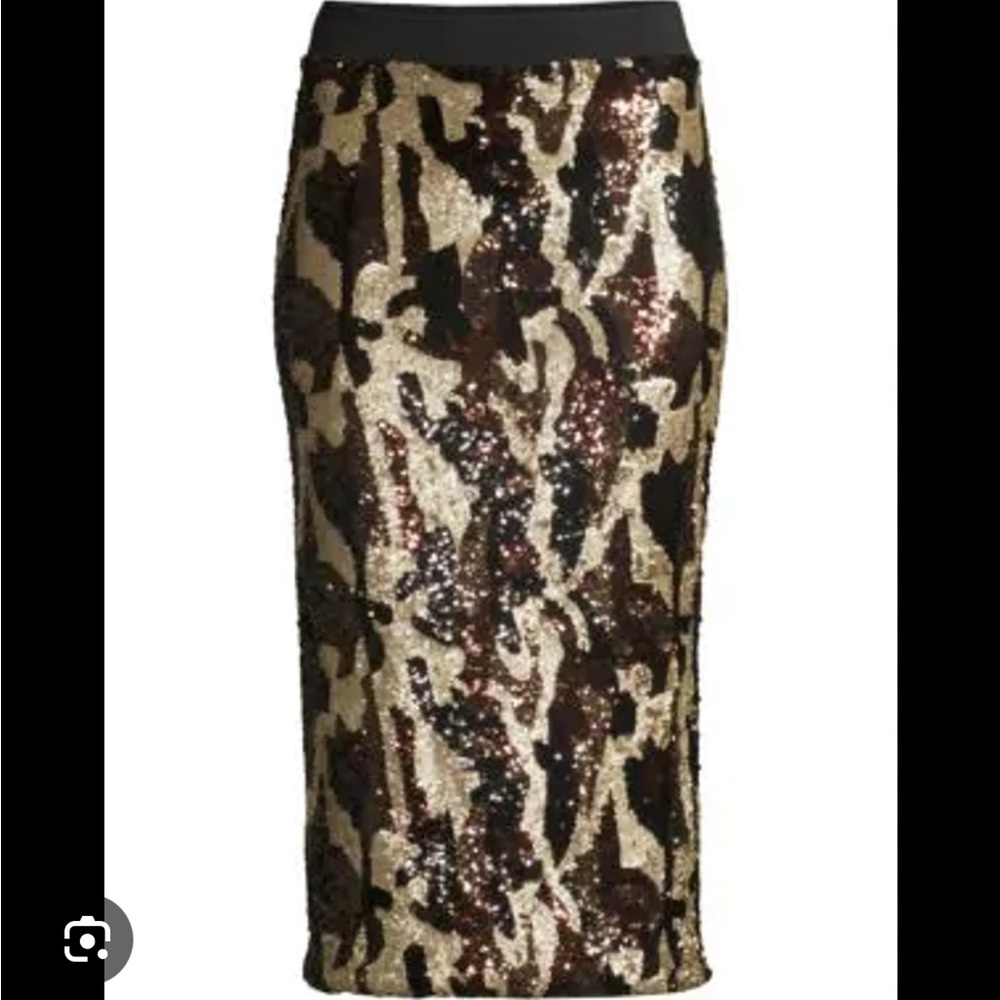 Le Superbe Liza Sequin Camo Midi Skirt in Andy Gold | XS